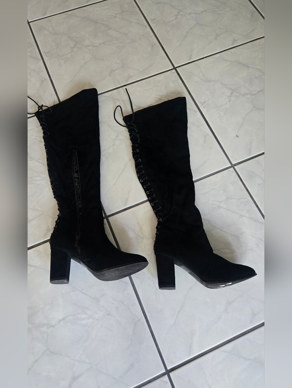 Black Lace-Up Knee-High Boots